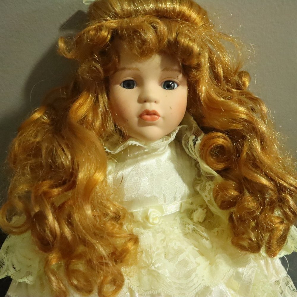 Porcelain Doll Long reddish long Curly Hair white